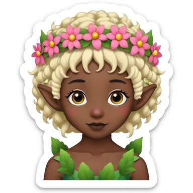 tiny Elf with Flower Crown, curley hair, black sticker