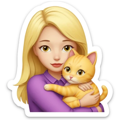 Sarışın elinde kedi olan ve hafif ruj ve rimel sürmüş sarı kedisine sarılan bir kız sticker