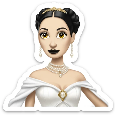 Tall realistic face teen Morticia Addams as Princess Leia in ruffled white-pearl ballet ball gown with gold accents and accessories  sticker