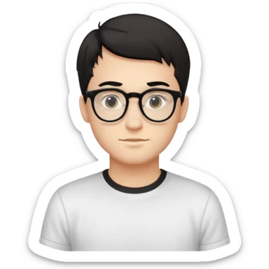 Style anchor + Young adult male American, light-medium skin, short black hair, white crew-neck tee, thin black-rim glasses, friendly neutral. sticker