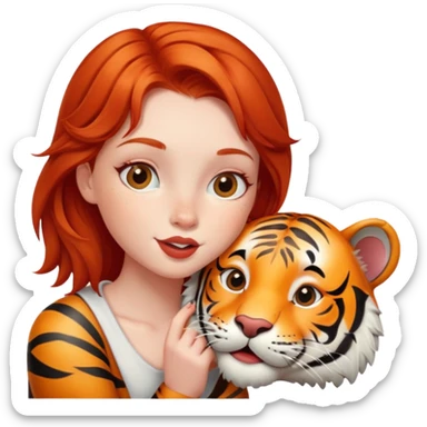 redhead girl kissing happy tiger sticker