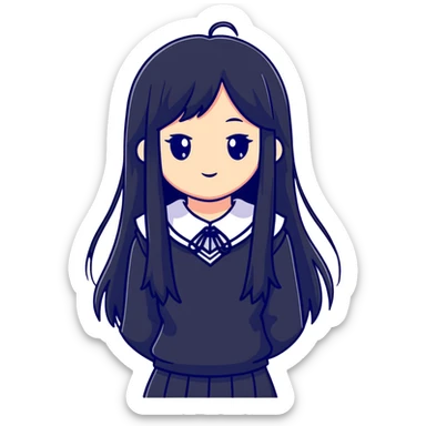 Happy Japanese schoolgirl with long black hair and blushing face sticker