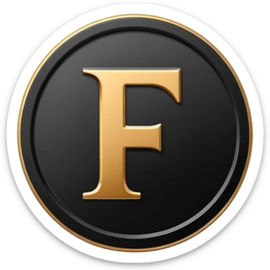 Emoji icon of a black coin with engraved letter F, minimalist style, isolated sticker