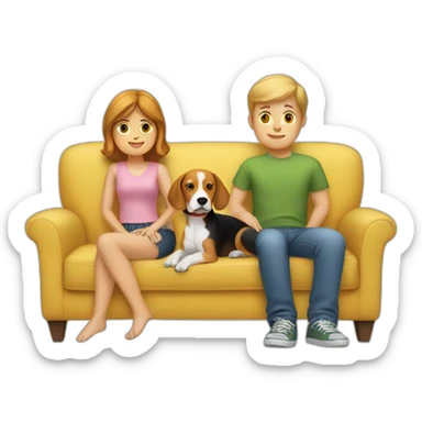 White boy and girl with beagle Sit on couch sticker