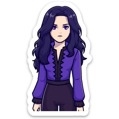 Yennefer from Witcher with long black hair, violet eyes, pale skin, wearing black clothes sticker