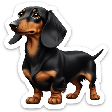 Black and tan long hair dachshund with a short nose with a  tiny patch of white on the chest looking off to the side  sticker