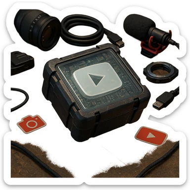 white YouTube play button inside a scratched black toolbox-like case, surrounded by video production gear, camera parts, stickers, cables, real-life artist studio, casual lighting, grounded and textured environment sticker