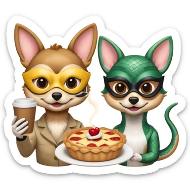 Coffee and quiche as a gift to a snake and a chihuahua, both wearing masks sticker