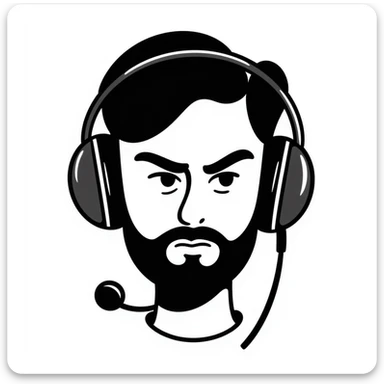 Serious face of a man with black hair, brown eyes, black beard, wearing a gaming headset sticker
