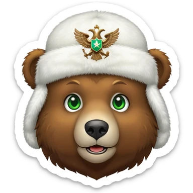 Cute brown bear face with bright green eyes wearing white fluffy ushanka hat with detailed Russian double-headed eagle emblem clearly visible in center, iOS emoji style sticker