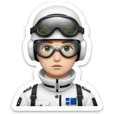 A Finnish modern soldier in a white snow uniform. with black night vision goggles sticker