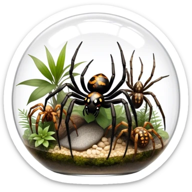 Collage of various spiders, including tarantulas and other exotic species, in a glass terrarium with webs and natural décor. Close-up shots of their intricate legs, eyes, and fuzzy bodies. Soft lighting, transparent background. sticker