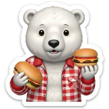 polar bear with burger wearing red checkered shirt sticker
