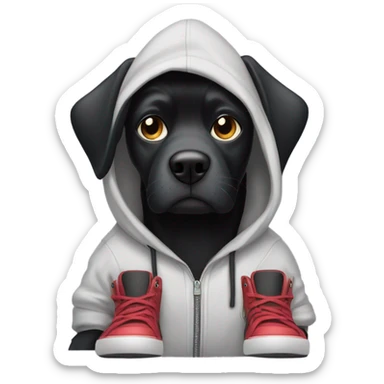 black dog in a hoodie with a cellphone and big shoes sticker