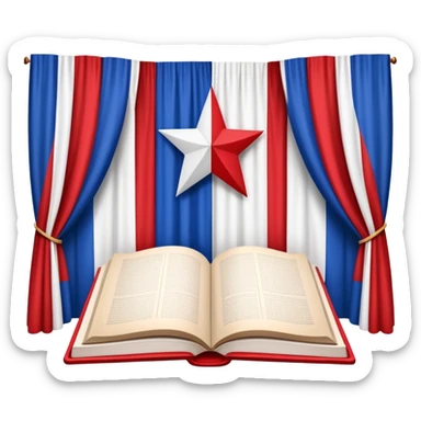 Book of theatrical set design with cover designed like the Puerto Rican flag, red and blue stripes with white star, theater curtains visible on pages sticker