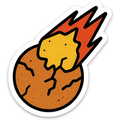 minimalist icon of a meteor falling into and destroying a planet, worn distressed effect sticker