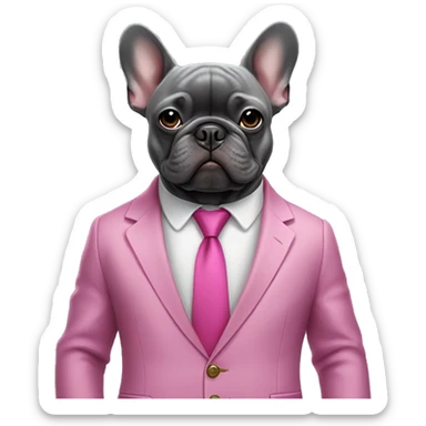 A dark grey French bulldog in a pink suit sticker
