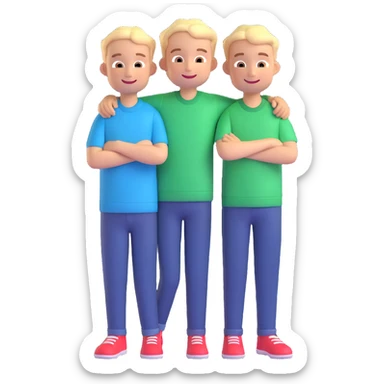 Two cartoon-style boys with similar features, arms around each other's shoulders, smiling, matching outfits, standing close, white background, emoji style sticker