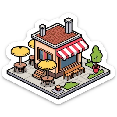 isometric corner cafe shop with outdoor seating and umbrellas sticker