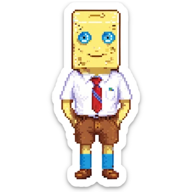 SpongeBob SquarePants, pixel art style, yellow sponge, blue eyes, white shirt, red tie, brown shorts sticker