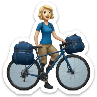 bikepacking white woman on a dark blue bike with bike bags at the back  sticker