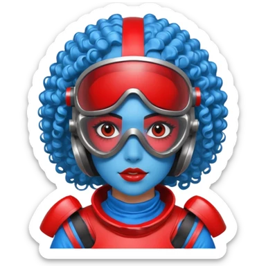 blue curly haired girl with huge earrings, wearing red paintball helmet and eye protection, only face  sticker