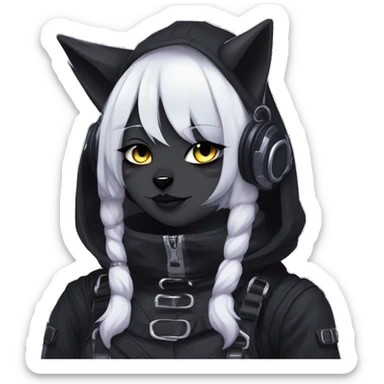 Gorgeous furry gothic dark techwear anime style anthro black cat fursona with blushing face aesthetic and pretty edgy black with collar and harness trending style sticker