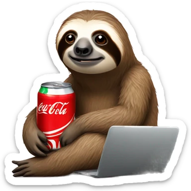 tired sloth with coca cola can and laptop sticker