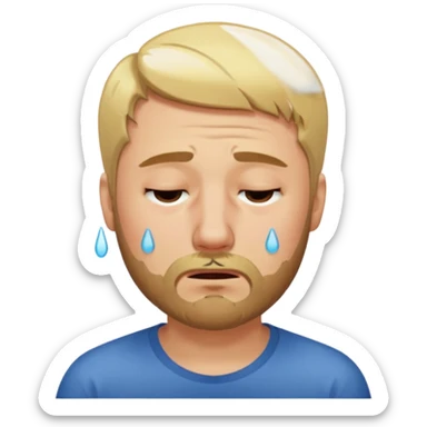 A man with short unparted blond hair hair and a short brown  beard making a weary crying  face with eyes closed sticker