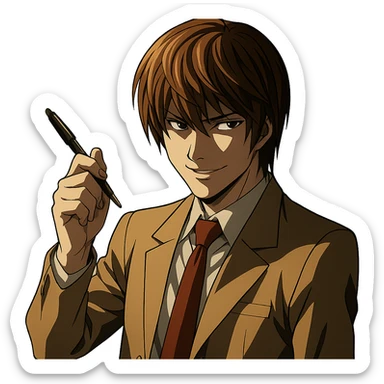 Light Yagami from Death Note, anime style, smirking, holding a pen, dramatic lighting, brown hair, school uniform sticker
