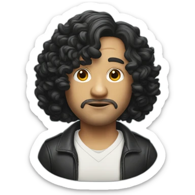 tim robinson with shoulder length curly black hair, wide triangular shape sticker