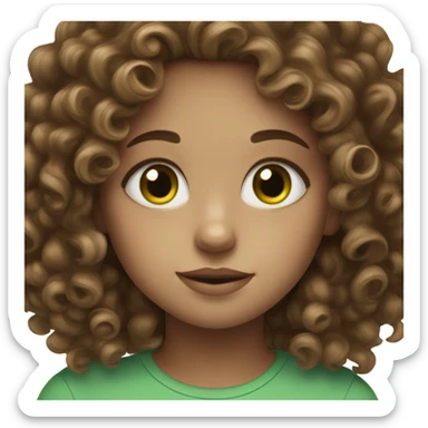 a brown curly haired girl with green eyes, white skin and pretty mims sticker