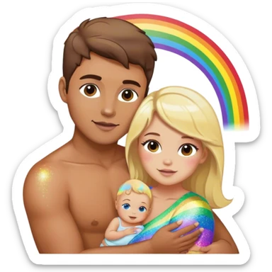 Brunette man and brunette woman with blonde baby, gay, rainbow, glitter, pride sticker