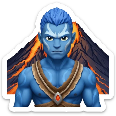 a Avatar blue skin wearing ancient animal skin cloth with volcano behind, half body, icon sticker