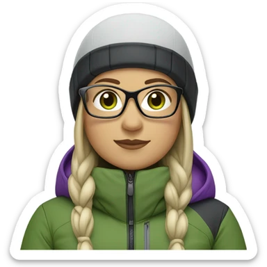 Green-eyed, chubby female skier with long straight hair, glasses, grey purple snow jacket, long black pants, black only snow boots and black skis looking cool. sticker