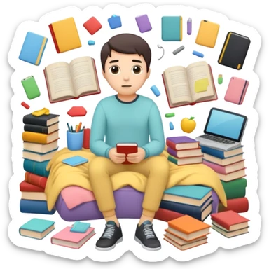 messy room with scattered objects, clothes and books everywhere, simplified human character looking slightly overwhelmed but safe, everyday chaos, flat custom emoji sticker, pastel colors, rounded shapes, minimal details, thick outline, white background, no text sticker