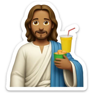 Jesus holding a white and red container of chicken nuggets and lemonade sticker