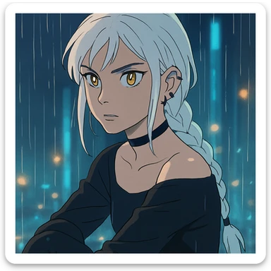 closeup portrait of young woman with gold yellow eyes, white hair in a long braid, black off-shoulder top, punk gothic style, futuristic cyberwave, sitting position, rain and glowing reflections, ghibli style sticker
