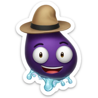 An eggplant with a hat on its head and water coming out of it sticker