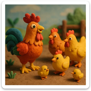 rooster with hens and chicks, cheerful farmyard scene, colorful and cute in claymation style sticker