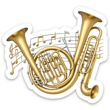 Create a professional, harmonious emoji collage symbolizing wind instruments.  The instruments should be in metallic gold, silver, and brass tones, with subtle reflections to convey a professional and polished appearance. Add soft musical notes or soundwaves to surround the instruments, creating a sense of movement and sound. The background should be transparent, ensuring all instruments are the focus and the composition remains harmonious and balanced. sticker