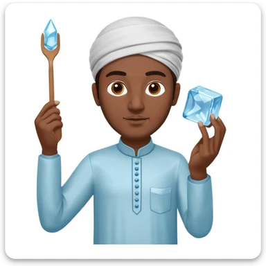 Pakistani street ice seller holding an ice pick (suva) in one hand and a large transparent ice cube in the other, wearing simple shalwar kameez, standing confidently with a focused expression, 3D, shiny, clean, minimal, matching iPhone emoji design, plain white background sticker