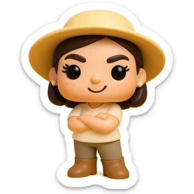 Create a Funko Pop style vinyl figure inspired by the reference image. The figure should have a cream-colored blouse, greige pants, dark beige Santiago boots, and a dark brown bob haircut tied back. Include small freshwater pearl earrings, rosy cheeks, eyelashes, light freckles, and a mischievous expression with arms crossed. No hat or other accessories. The background should be transparent. sticker