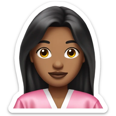 Light complexion woman with long black hair wearing a silk pink Victoria’s Secret robe sticker
