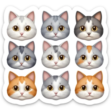 6 realistic looking cats with different natural coloured coats, assorted grey and white, greys, calico, brown and white colours etc
 sticker