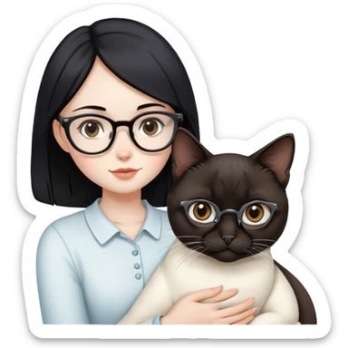 A girl with black hair and brown eyes, wearing glasses and holding a white Siamese cat. sticker