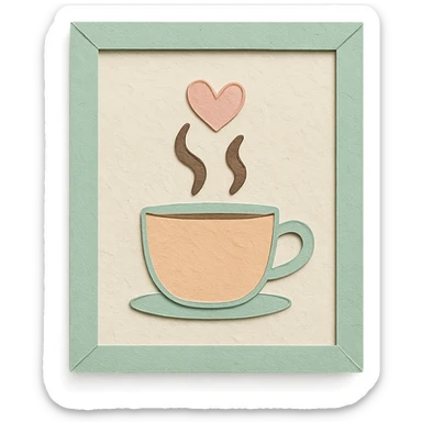 coffee shop wall art frame with cup and heart doodle, soft pastel colors, hand-drawn style sticker