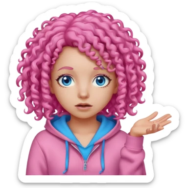 Girl in pink hoodie with pink curly hair and blue eyes shrugging  sticker