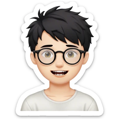 a boy with glasses, black short messy hair, septum piercing, showing teeth pose sticker