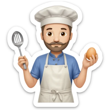 Middle aged male pastry chef - with a small beard, apron, white hat, holding an egg beater in his right hand, and his left hand naturally hanging down to his side sticker